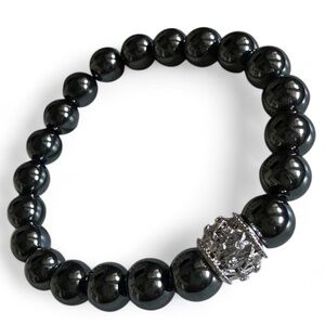 8mm Jet Hematite and Sterling Silver Filigree Spacer with Crystal Accents